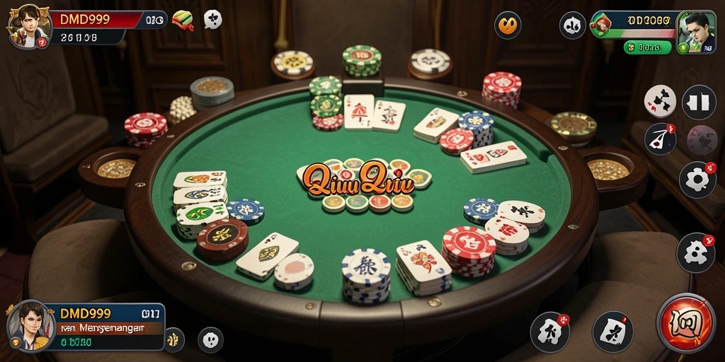 Screenshot gameplay DMD999 menampilkan suasana seru permainan QiuQiu.
