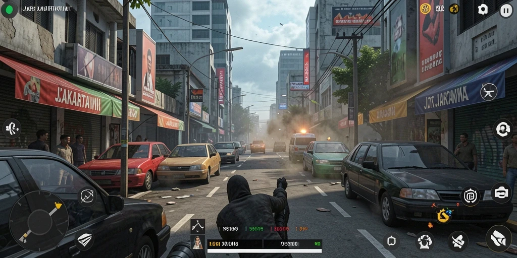 Screenshot gameplay menyeramkan dari JAKARTAWIN di kota Jakarta.