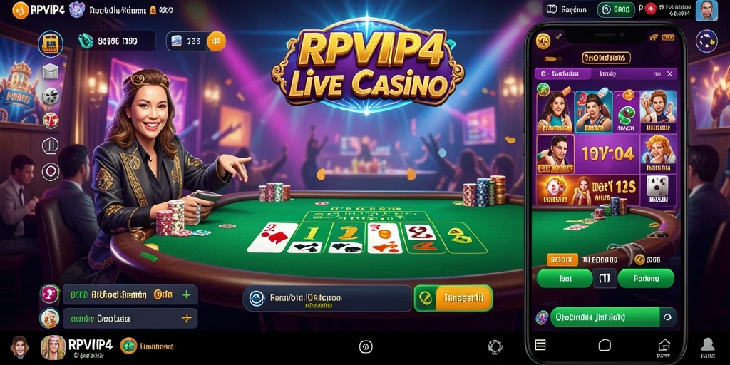 Screenshot RPVIP4 menunjukkan dealer live yang berinteraksi dengan pemain dalam suasana kasino.